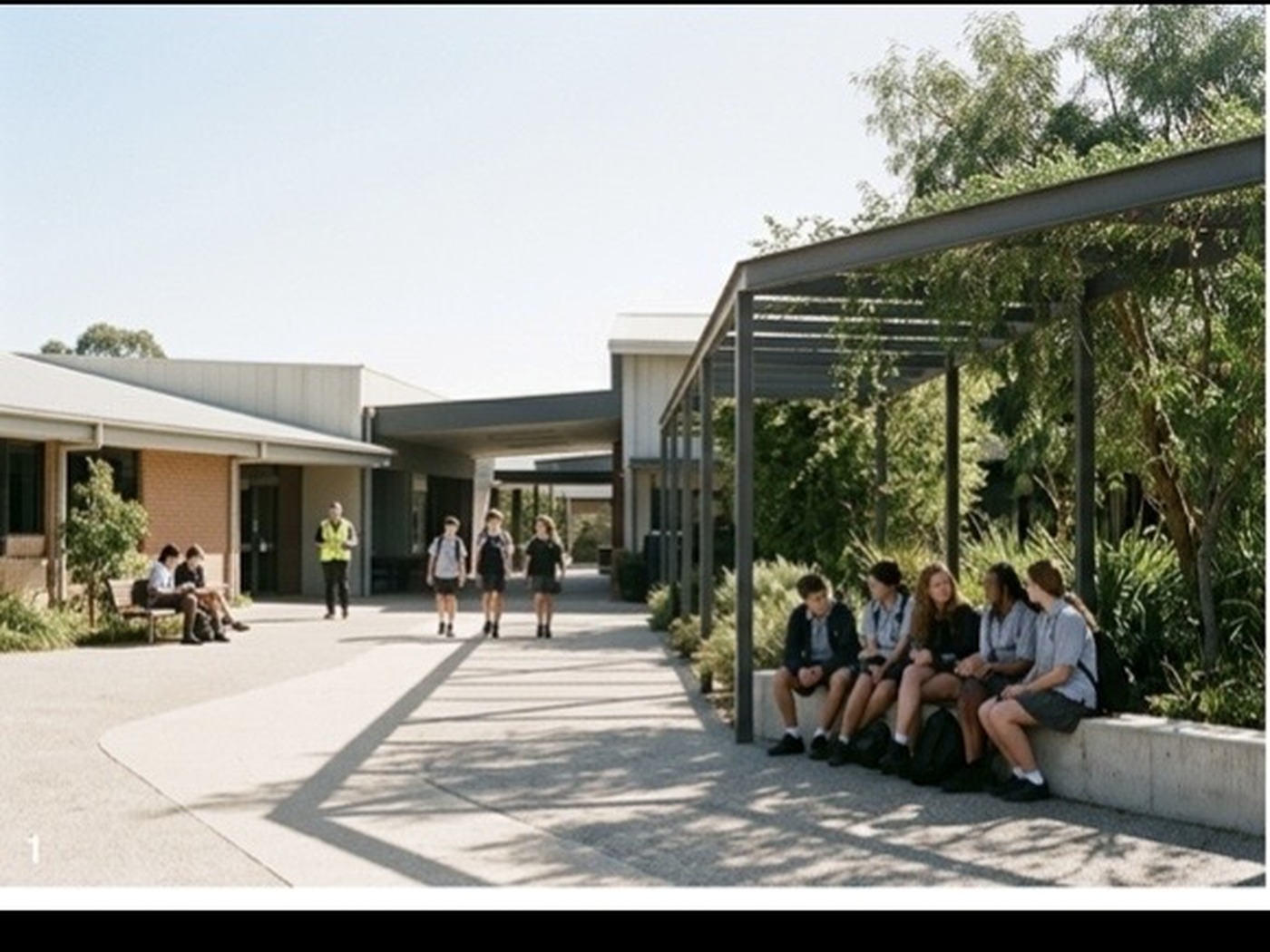 Illustrative school environment showing shaded spaces, seating, movement areas and informal gathering spaces
