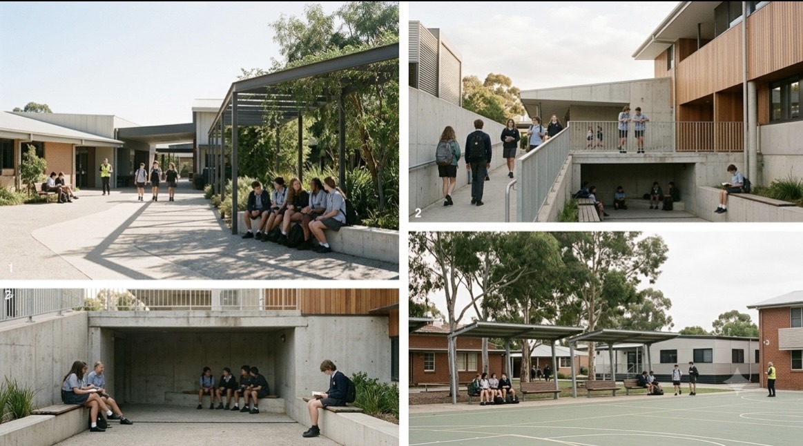 Illustrative views of school courtyards, shaded seating, circulation routes, quiet spaces and recreation areas